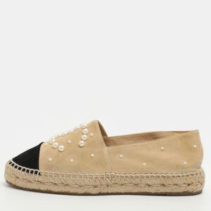 Chanel Cc Pearl Logo Size 37 Beige/black Suede Espadrille Flats